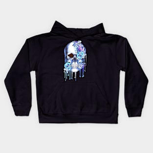 Floral, flowers and skull, Human anatomy, bones, blue style drops color paint Kids Hoodie